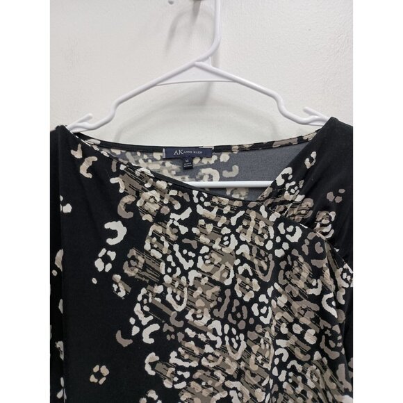 AK Anne Klein Womens Top Medium Black Beige Animal Print 3/4 Sleeve Ruched - Picture 2 of 8